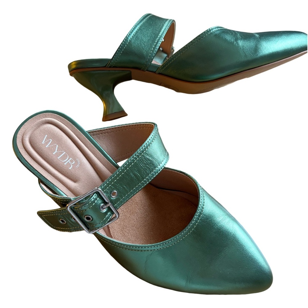 WYDR Studios Ingrid Pointy Toe Kitten Heels Metallic Green Size 7